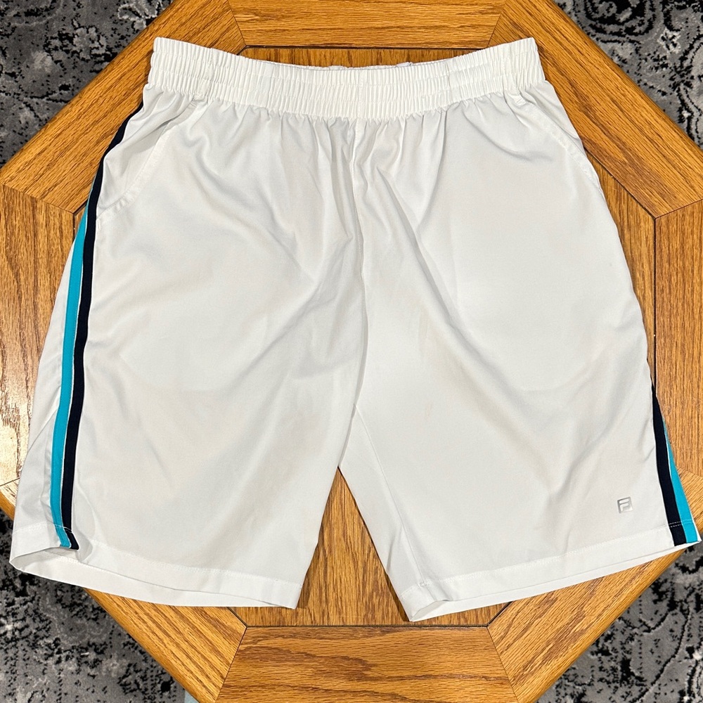 *FILA* White Athletic Shorts w/ Black x Blue Stripes Size Large (12-14)